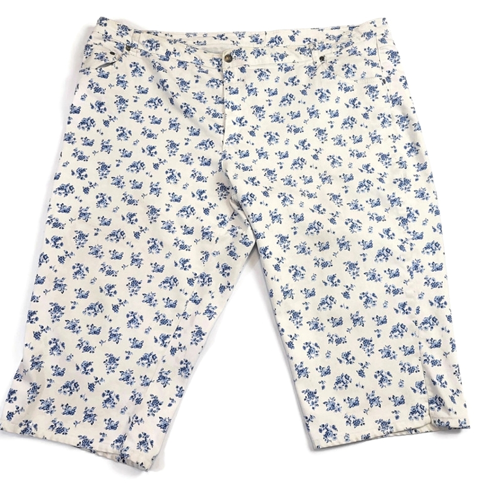 Woman Within China White & Blue Floral Natural Fit Denim Capri Jeans 26W